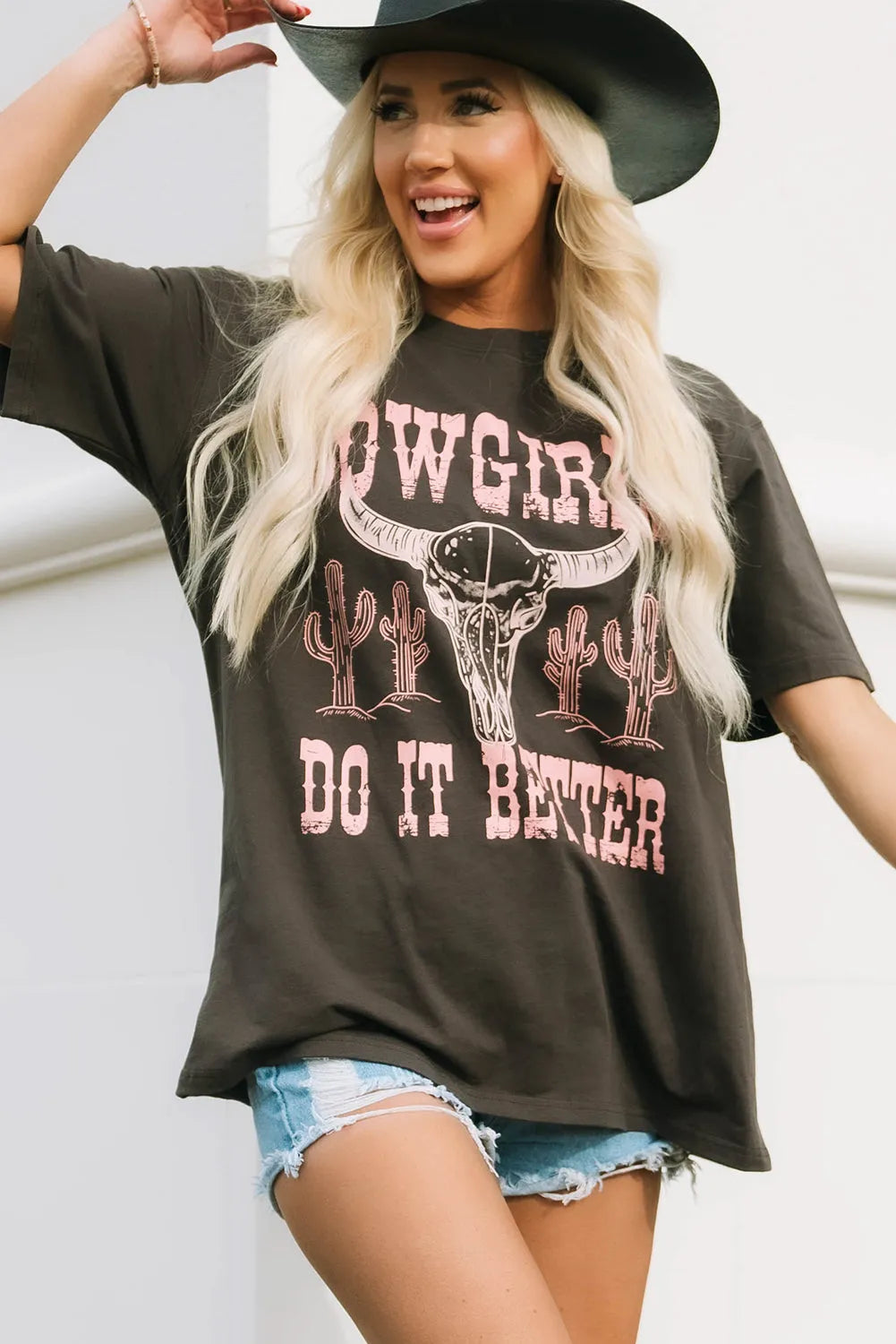 Gray COWGIRLS DO IT BETTER Graphic Print Oversized T Shirt - Chic Meadow Boutique 