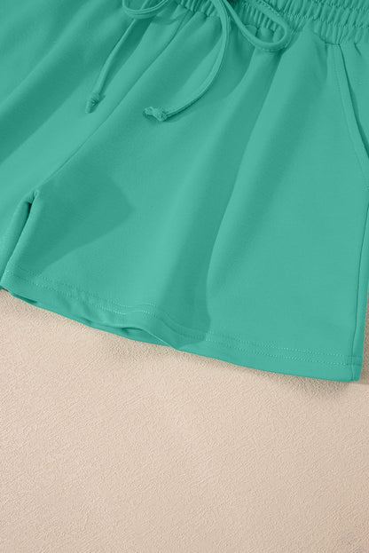 Sea Green Solid Loose V Neck Half Sleeve Tee and Shorts