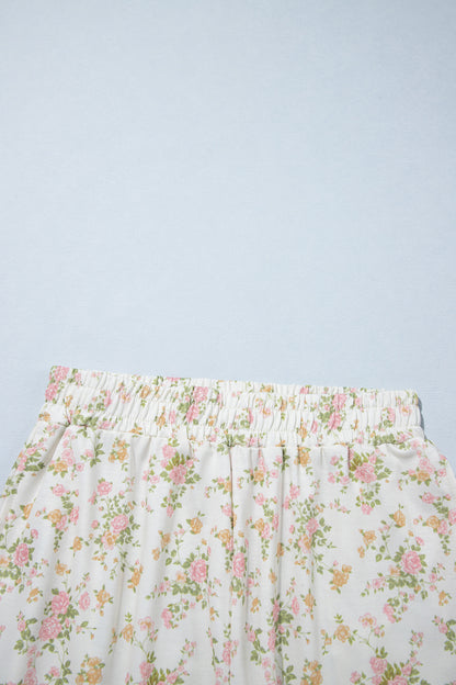 Beige Floral Print Long Sleeve Shift Top Pocketed Shorts 2pcs Set