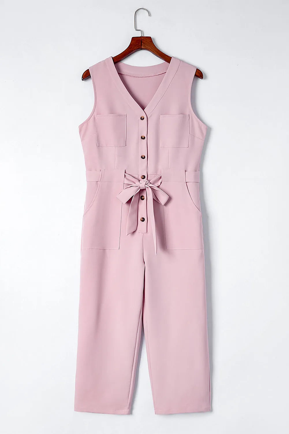 Pink Buttoned Sleeveless Cropped Jumpsuit with Sash - Chic Meadow Boutique 