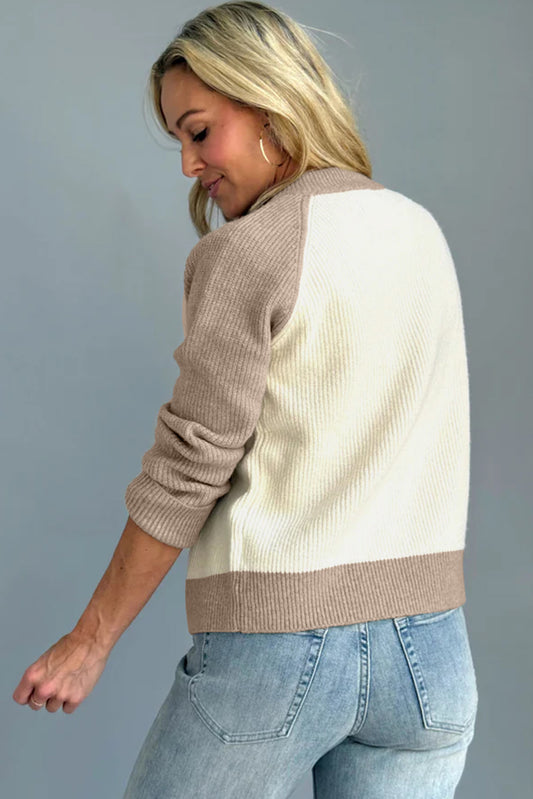White Color Block Ribbed Knit Button Down Sweater Cardigan