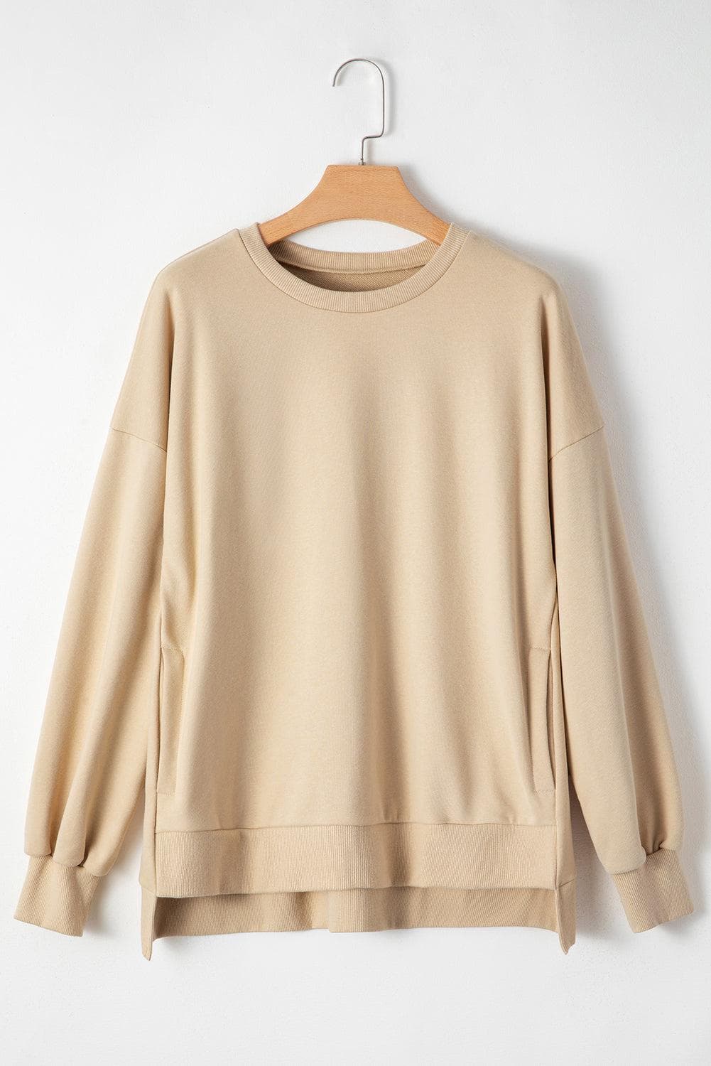 Tops/Sweatshirts & Hoodies Parchment Solid O Neck High Low Hem Pullover Sweatshirt