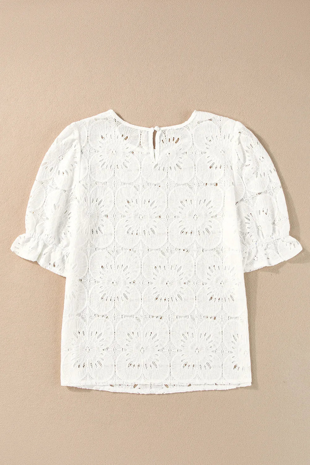 White Flower Eyelet Jacquard Keyhole Flounce Sleeve Top - Chic Meadow Boutique 