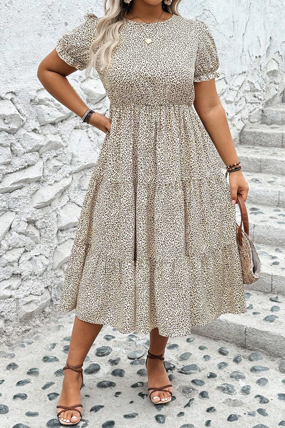 Beige Plus Size Leopard Print Frill Trim Short Sleeve Flared Dress