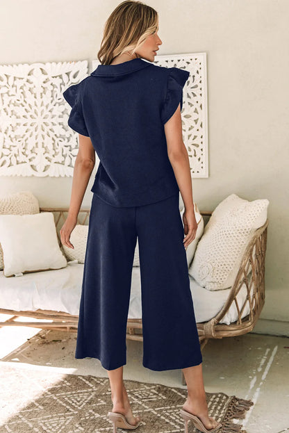 Navy Blue Textured Flutter Sleeve Top Wide Leg Pants Set - Chic Meadow Boutique 