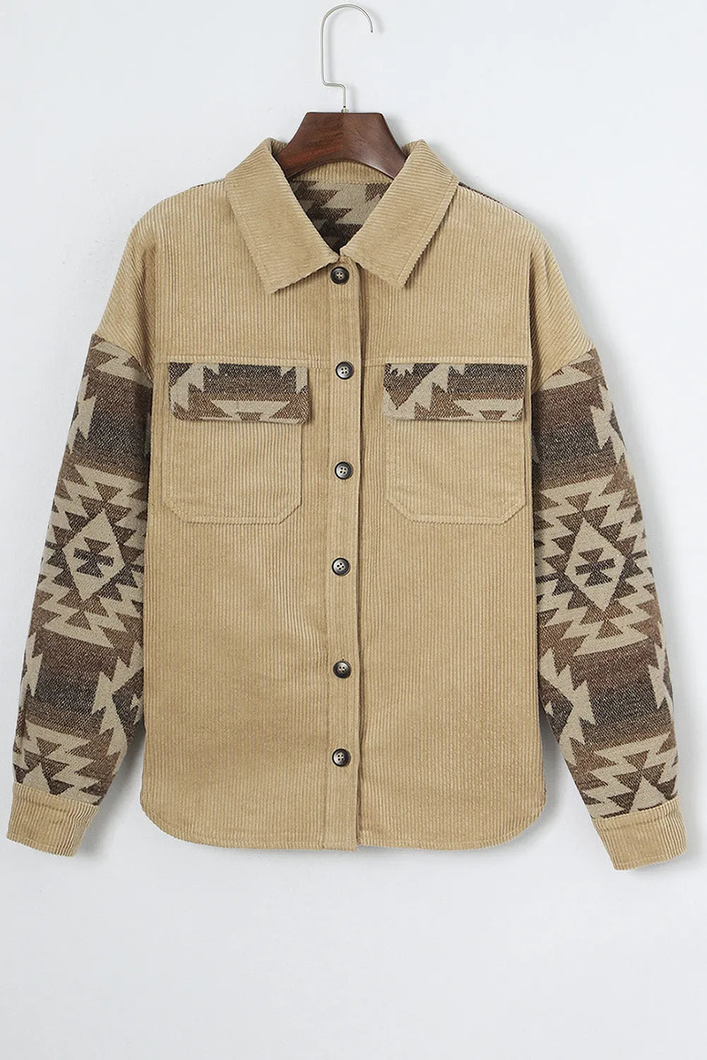 Khaki Aztec Print Patchwork Frayed Edge Corduroy Jacket - Chic Meadow Boutique 