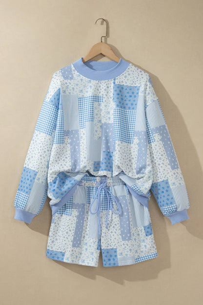 Sky Blue Patchwork Floral Print Drop Shoulder Baggy Pullover Drawstring Shorts Set