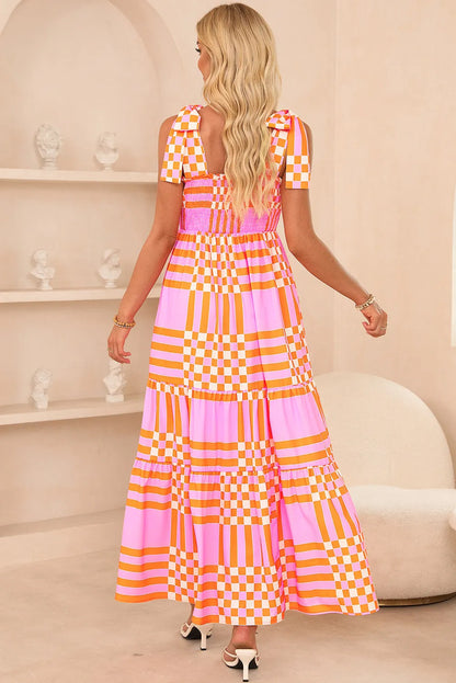 Pink Boho Gingham Tied Straps Smocked Maxi Dress - Chic Meadow Boutique 