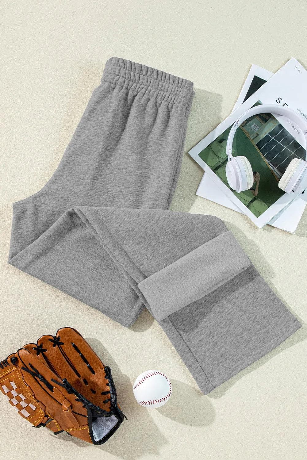 Bottoms/Pants & Culotte Light Grey Solid Color Fleece Lined Drawstring Waist Casual Pants