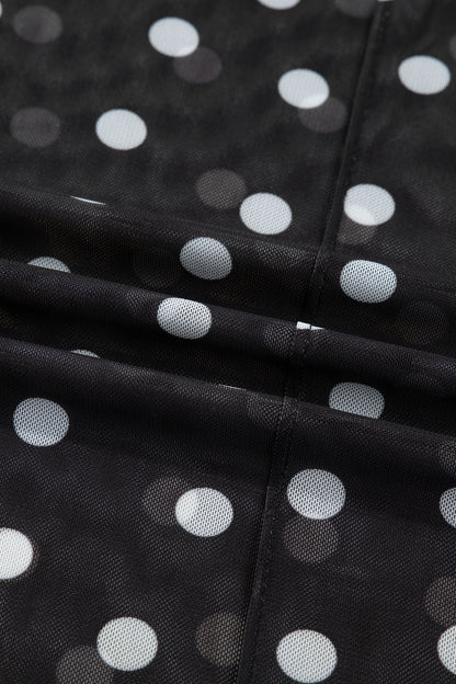 Black Polka Dot Patterned Bodycon Mock Neck Mesh Long Sleeve Top