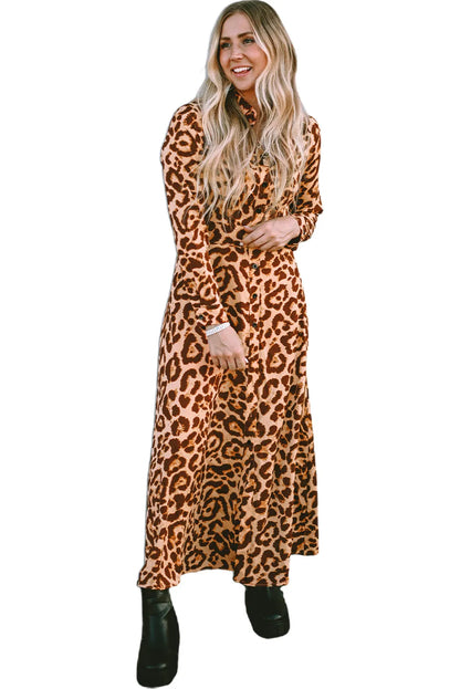 Leopard Button-Up Long Sleeve Maxi Dress - Chic Meadow Boutique 