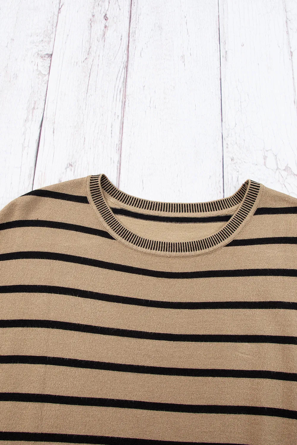 Khaki Stripe Knitted Bat Sleeve T Shirt - Chic Meadow Boutique 