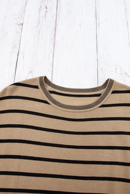 Khaki Stripe Knitted Bat Sleeve T Shirt - Chic Meadow Boutique 