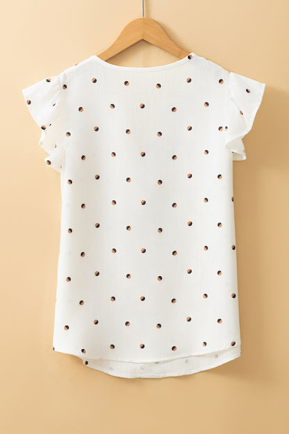 White Polka Dot Print Ruffled Shoulder V Neck Tank Top