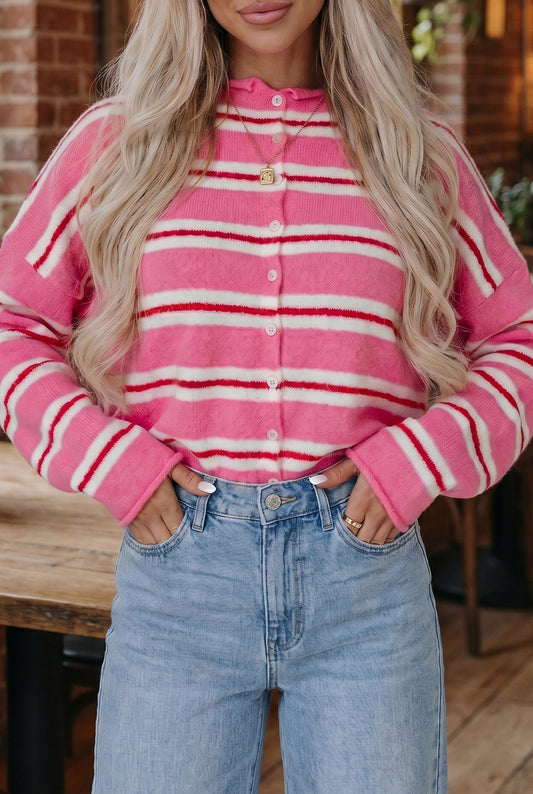 Pink Stripe Striped Drop Shoulder Button Cardigan