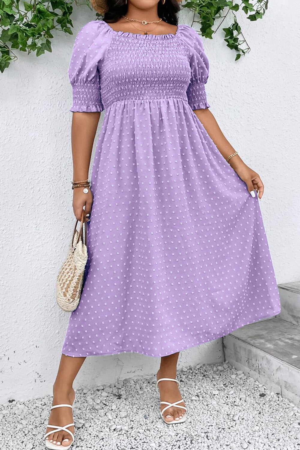 Wisteria Swiss Dot Smocked Frilled Neckline Short Sleeve Plus Size Dress