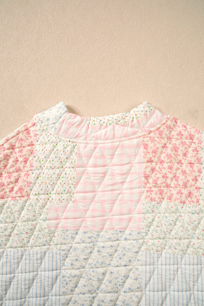 Multicolour Floral Patchwork Quilted Mock Neck Long Sleeve Top