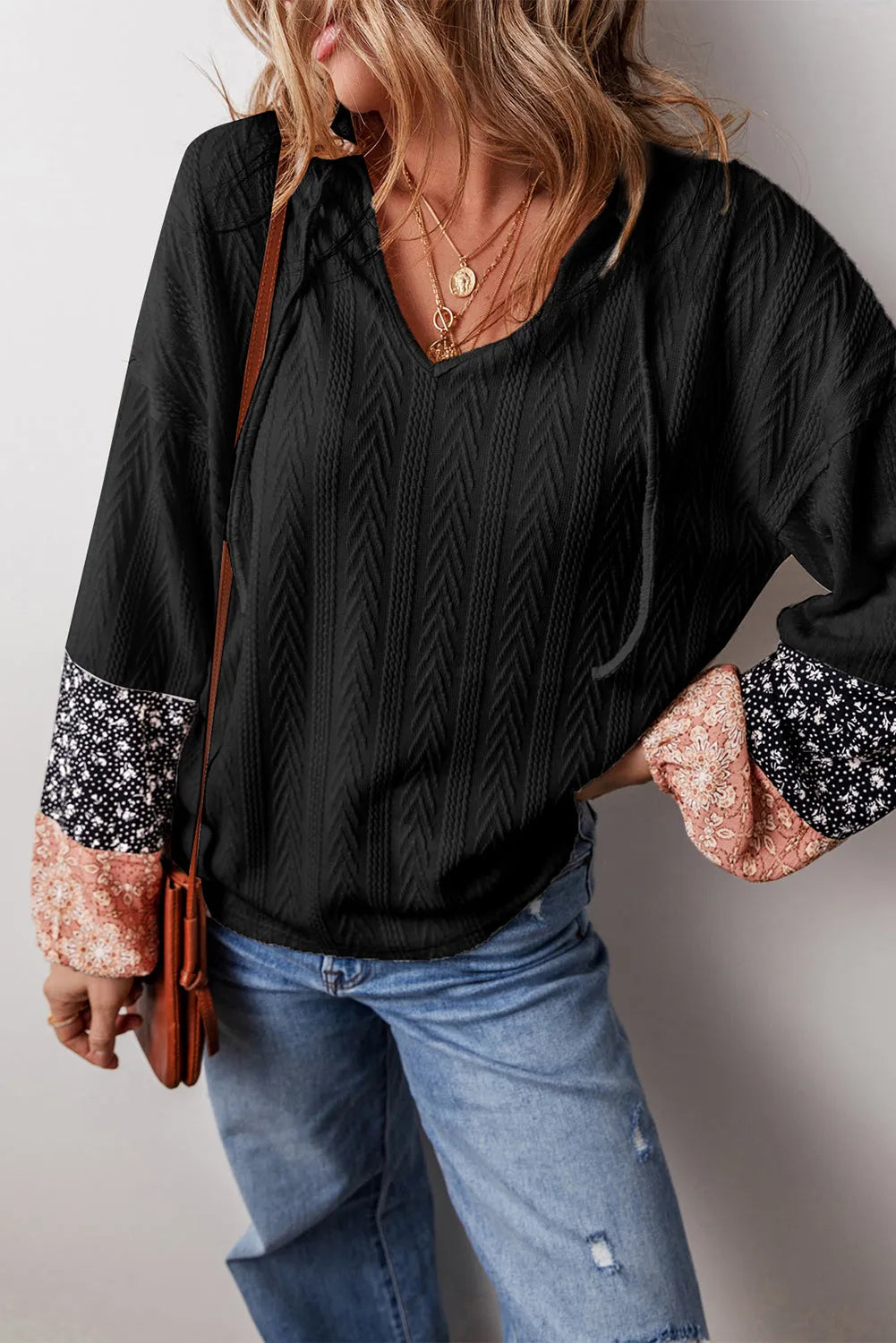 Black Floral Patchwork Textured Knit Drawstring V Neck Blouse - Chic Meadow Boutique 