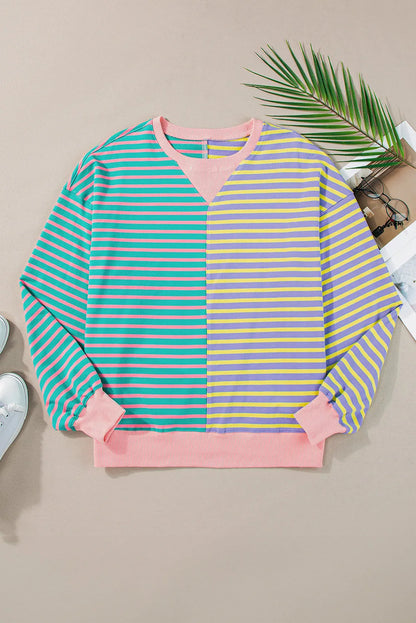 Casual Stripe Colorblock Drop Shoulder Oversize Sweatshirt - Chic Meadow Boutique 