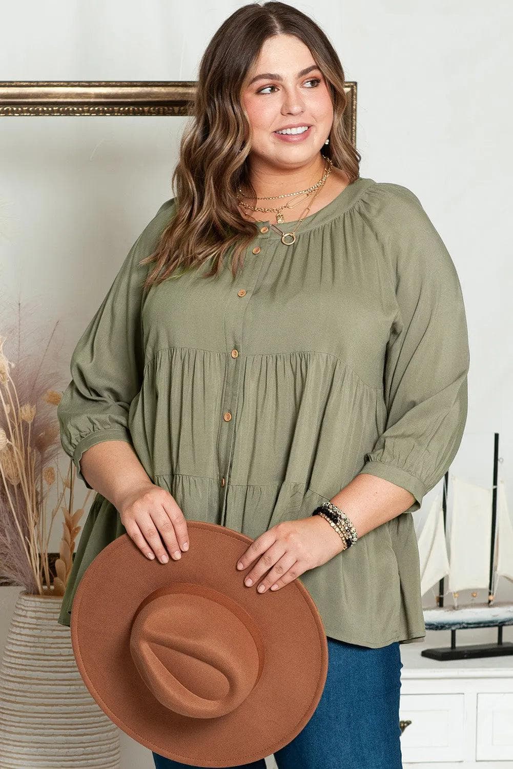 Plus Size/Plus Size Tops/Plus Size Blouses & Shirts Green / 1X / 100%Viscose Green Plus Size Ruffle Tiered Split Neck Shirt