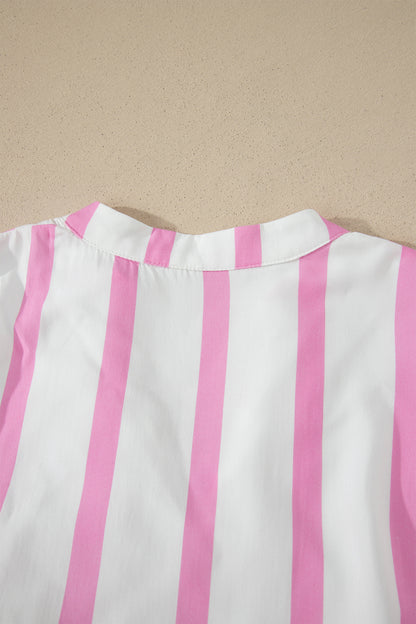 Pink Stripe Ricrac Trim Notched Neck Half Sleeve Vacation Dress