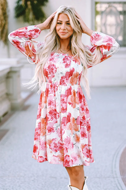 White Floral Print Smocked Puff Sleeve Mini Dress - Chic Meadow Boutique 