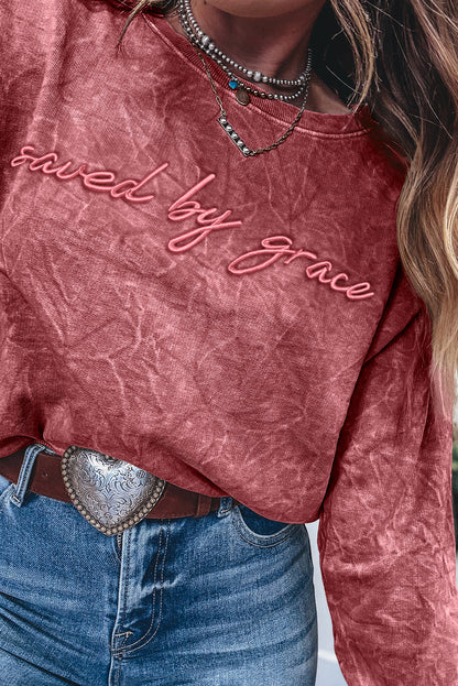 Mineral Red saved by grace Letter Embroidery Mineral Wash Loose Sweatshirt