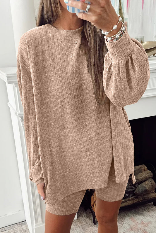 Dark Khaki Ribbed Balloon Sleeve Pullover Top and Biker Knitted Short Set