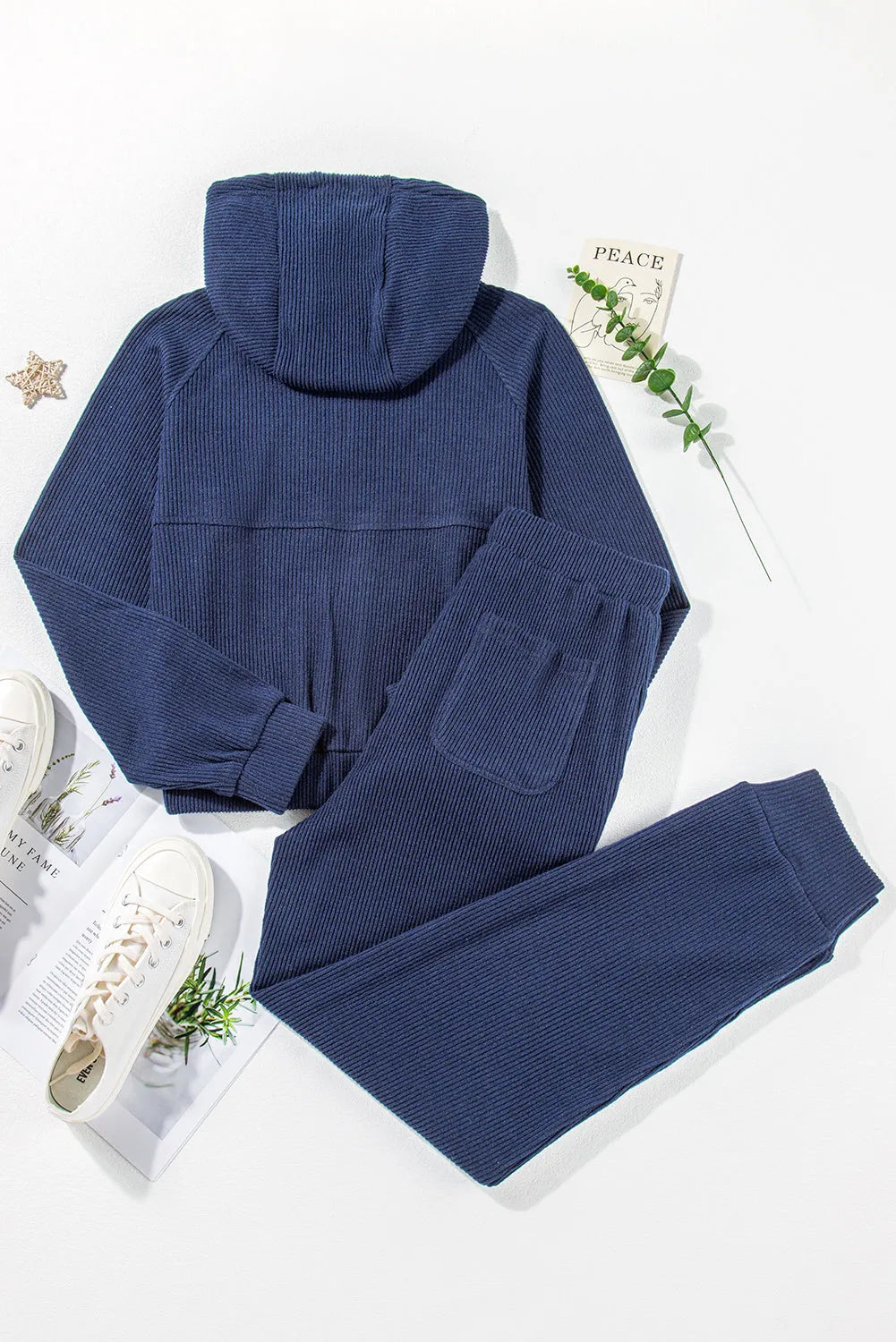 Navy Blue Ribbed Knit Cropped Hoodie and Drawstring Joggers Set - Chic Meadow Boutique 