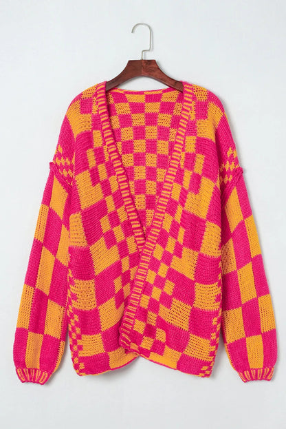 Multicolor Open Front Mixed Checkered Pattern Knit Cardigan - Chic Meadow Boutique 