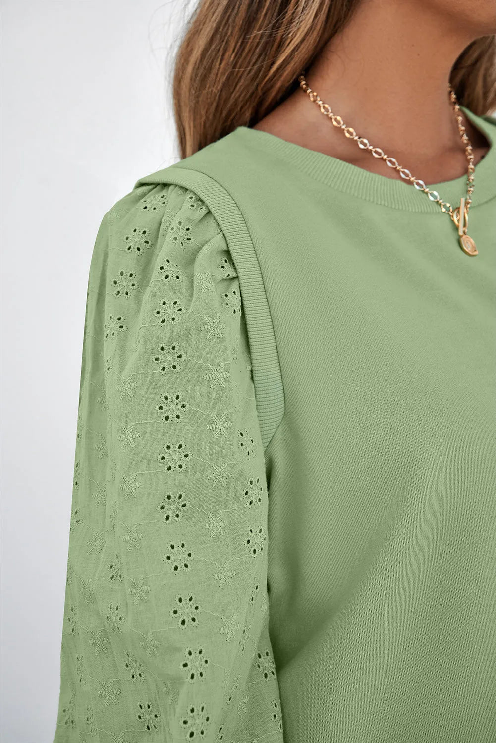 Mist Green Solid Patchwork Sleeve Round Neck Sweatshirt - Chic Meadow Boutique 