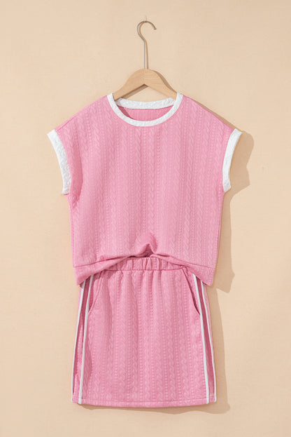 Pink Contrast Trim Textured Crewneck Tee and Pocketed Skirt Set