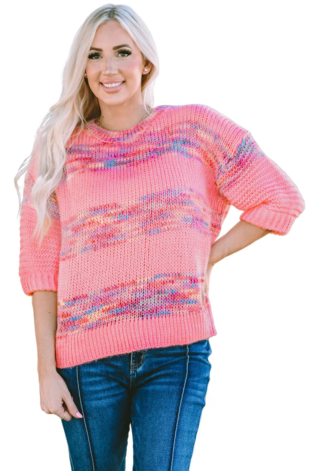 Rose Colorful Stripes 3/4 Sleeve Loose Sweater - Chic Meadow Boutique 