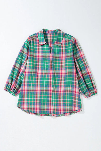 Green Checkered 3/4 Sleeve Collared Loose Fit Shirt - Chic Meadow Boutique 