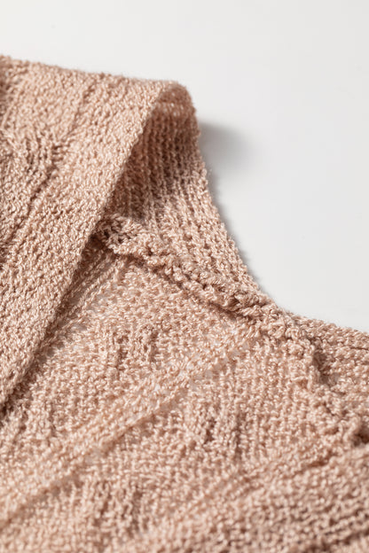 Old Rose Hollowed Pattern Knit Drop Shoulder Open Sweater Cardigan