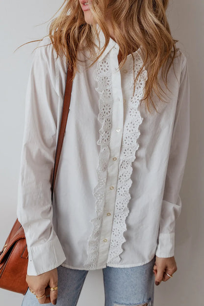 White Lace Crochet Trim Turn Down Collar Buttoned Shirt - Chic Meadow Boutique 