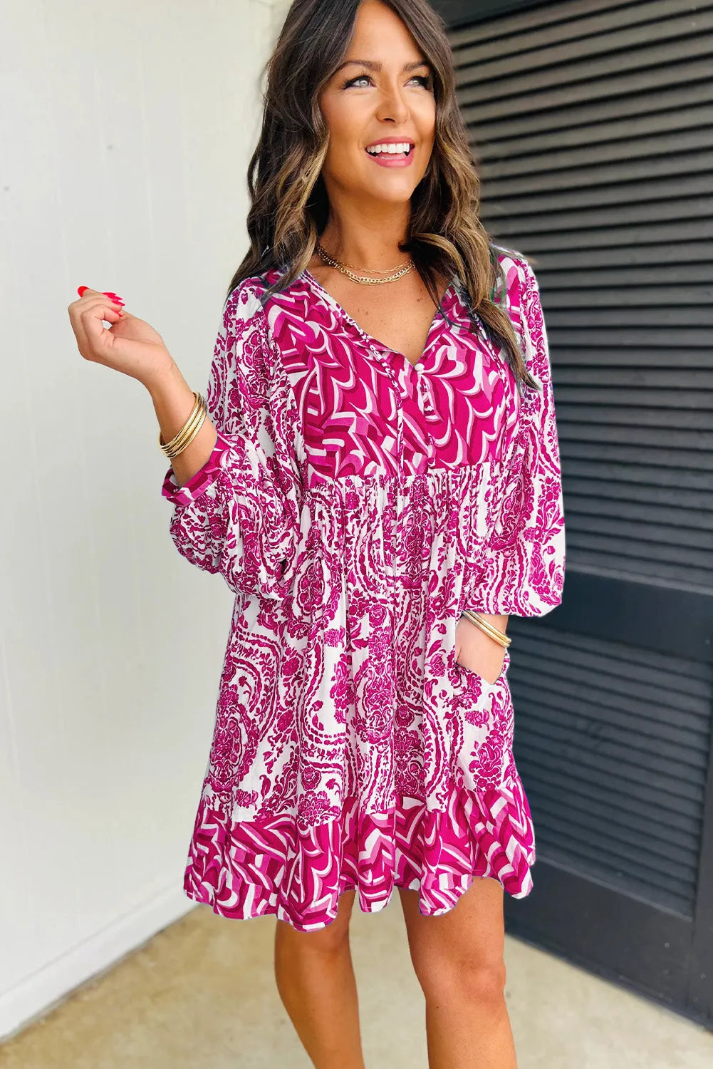 Rose Bohemian Print Puff Sleeve Tied V Neck Flared Mini Dress - Chic Meadow Boutique 