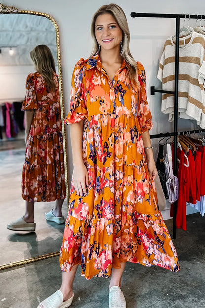 Orange Abstract Print Pleated Half Sleeve Buttoned Maxi Dress - Chic Meadow Boutique 