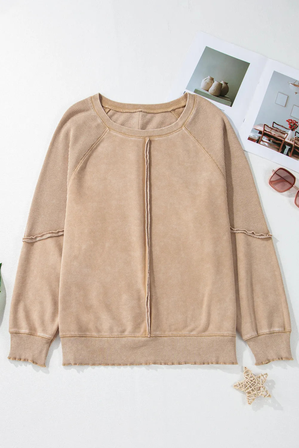 Light French Beige Solid Waffle Knit Patchwork Raglan Sleeve Sweatshirt - Chic Meadow Boutique 