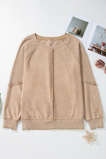 Light French Beige Solid Waffle Knit Patchwork Raglan Sleeve Sweatshirt - Chic Meadow Boutique 