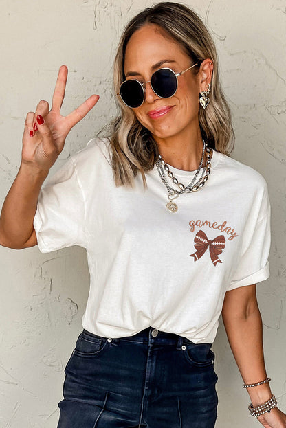 White Game Day Bowknot Embroidered Graphic Casual Tee