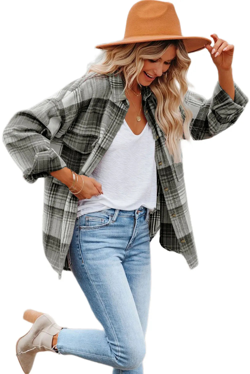 Medium Grey Plaid Flap Pockets Shacket - Chic Meadow Boutique 