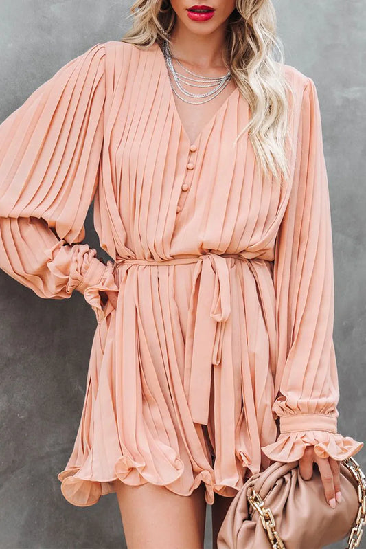 Pink Pleated Ruffled Tie Waist Buttons V Neck Romper - Chic Meadow Boutique 