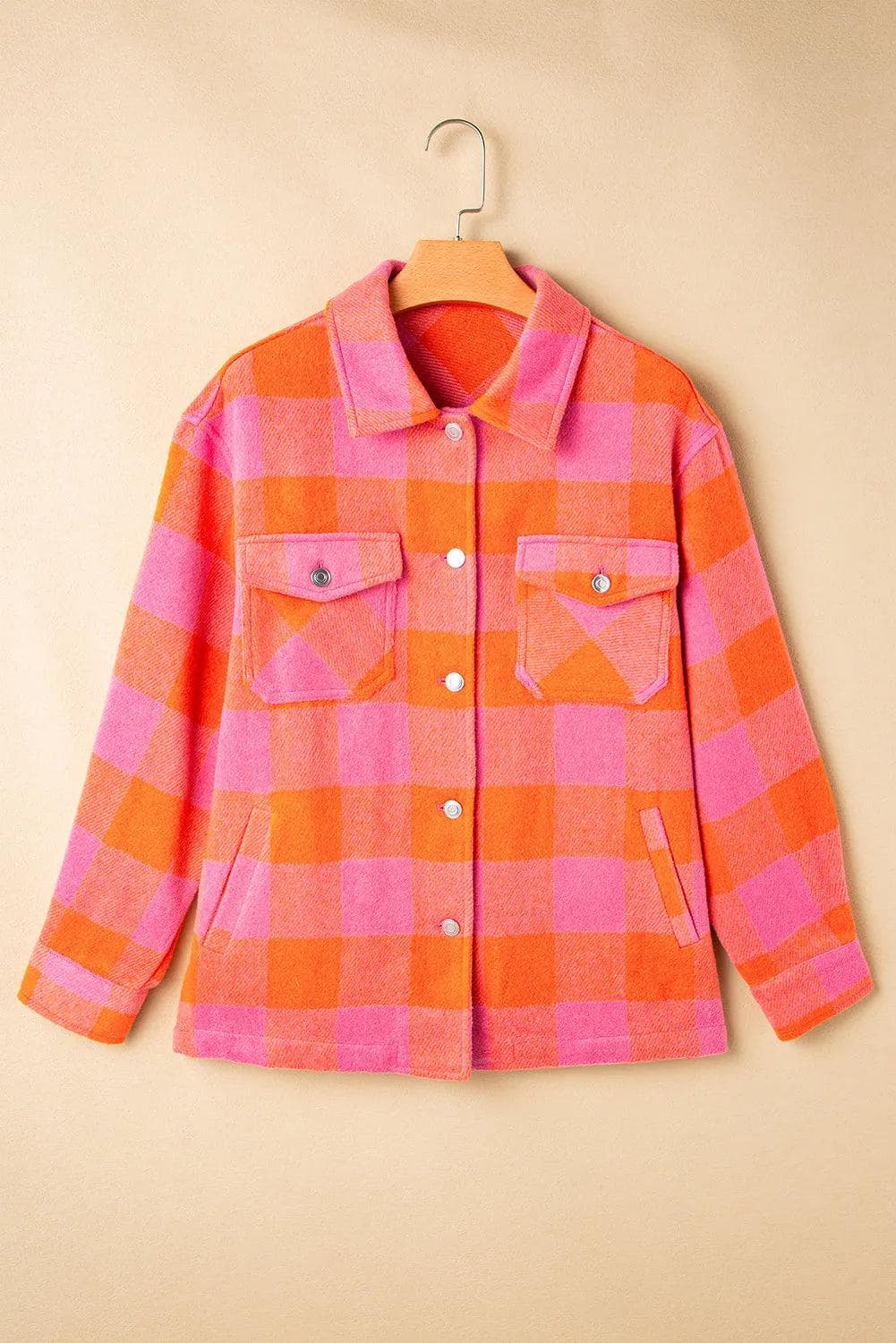 Outerwear/Jackets Orange Plaid Chest Pockets Button-up Turn Down Collar Jacket