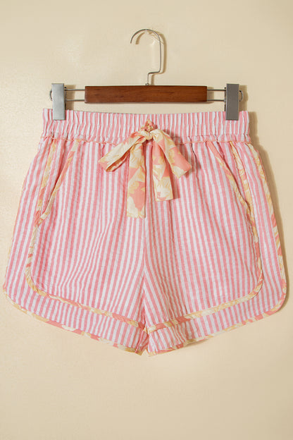 Light Pink Floral Trim Ribbon Knot Striped Casual Shorts