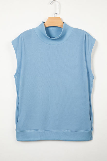 Myosotis Solid Color High Neck Cap Sleeve Loose Top