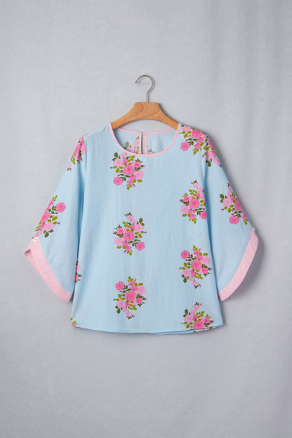Sky Blue Floral Print Button Cuffed 3/4 Sleeve Round Neck Blouse