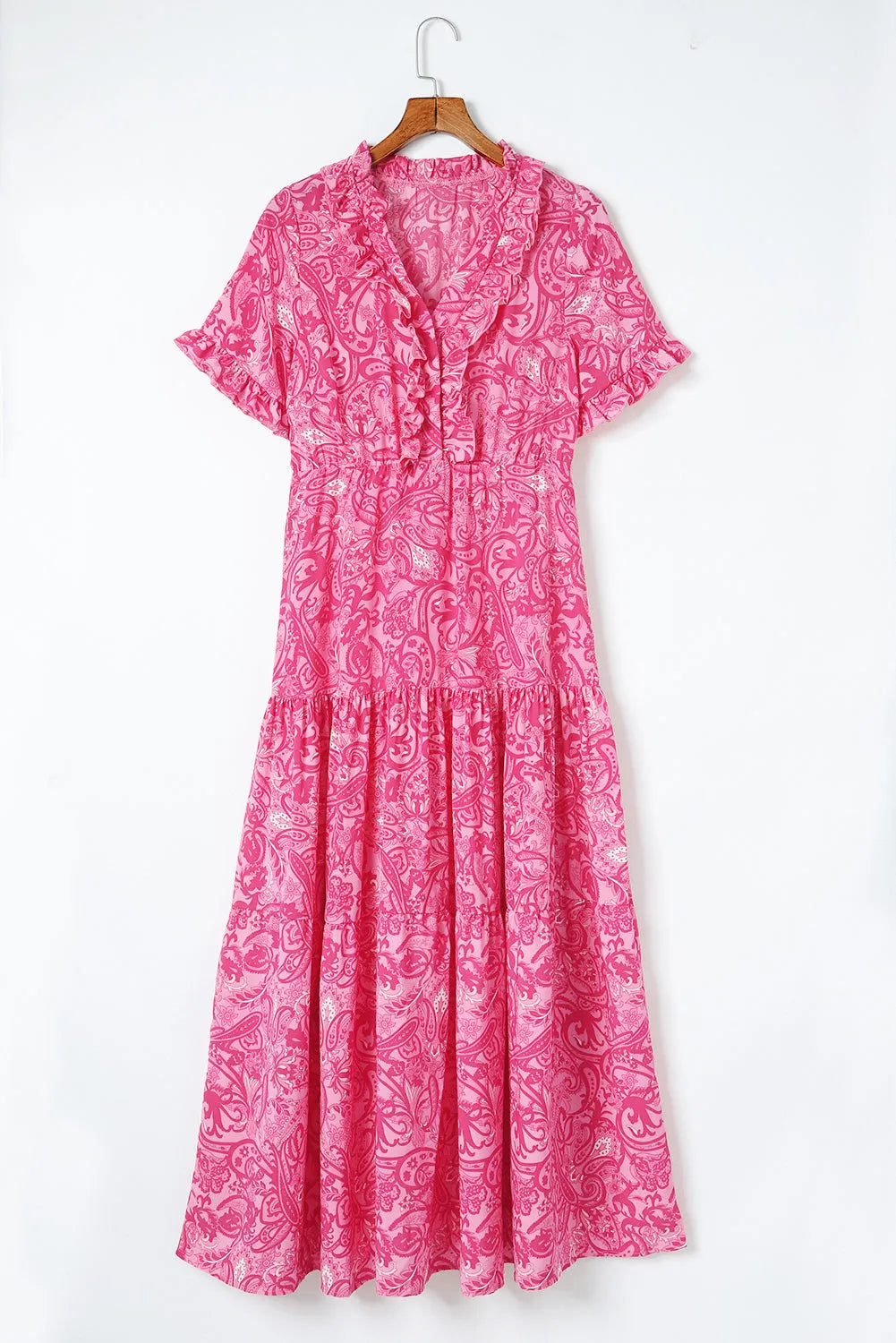 Pink Paisley Print Boho Holiday Ruffle Tiered Maxi Dress - Chic Meadow Boutique 