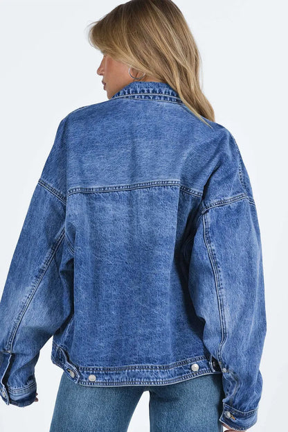 Blue Chest Pockets Drop Shoulder Loose Denim Jacket - Chic Meadow Boutique 