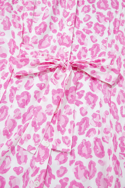 Pink Abstract Leopard Print Tie Waist Puff Sleeve Mini Shirt Dress